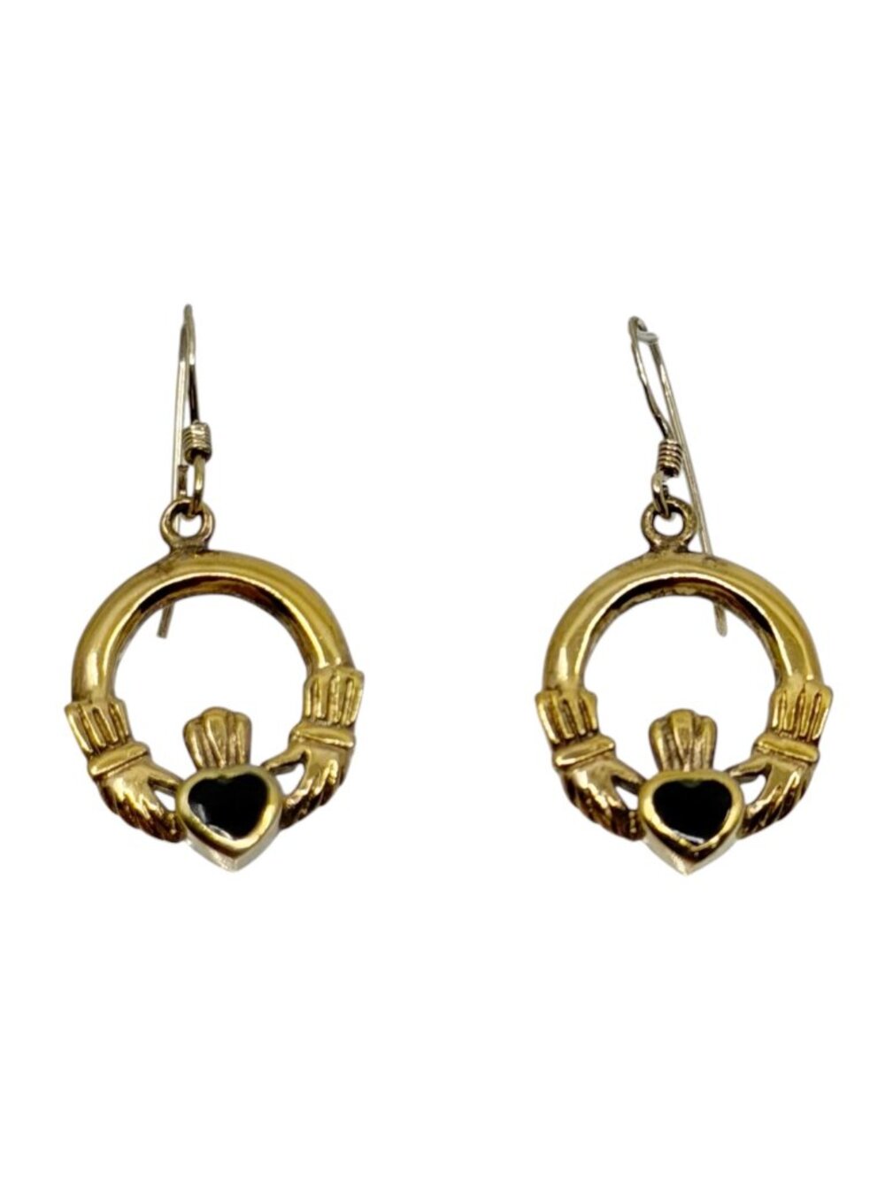 Gold vermeil sterling silver black enamel Irish Claddagh drop earrings - GM1042